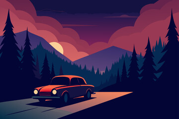 A fast sport automobile driving on a highway through a snowy mountain landscape at sunset