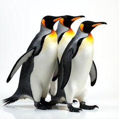 Fototapeta premium Three king penguins on white background. Birds stand in row facing right. Wildlife animal isolated in studio. Antarctic fauna creatures with black and yellow color.