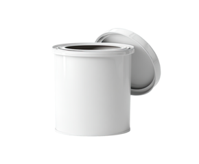 White paint can with open lid.  3D rendered image of a cylindrical paint container, white in color, with a slightly darker gray interior visible.  The lid is also white and slightly angled.