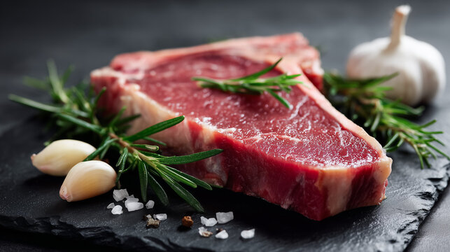 Raw T-bone steak on slate board with rosemary, garlic, and salt. Perfect for food blogs, recipe books, culinary websites, cooking tutorials, and restaurant menu visuals.