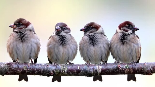 Four sparrows perched on a branch against soft natural background