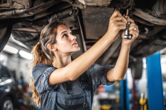 A woman is working on a car in an auto shop. She is using tools to repair the vehicle while paying close attention to her task in a bright and organized workshop