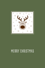 Merry Christmas - Schriftzug in englischer Sprache - Frohe Weihnachten. Grußkarte mit Elch und Sternen.