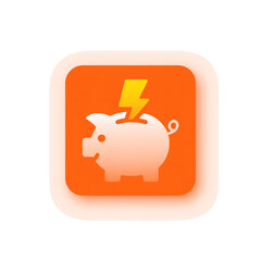 Orange square icon with white piggy bank and yellow lightning bolt savings money isolated on a transparent background