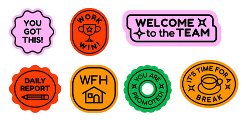 motivational office stickers set with encouraging phrases, corporate stickers set on white background, office sticker set for work