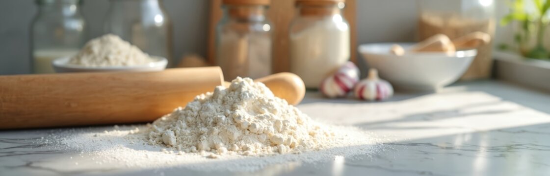 Flour mound sits on marble countertop with rolling pin. Kitchen counter holds ingredients for making bread or cake. Baking prep concept with eggs and garlic for cooking tutorials. - Powered by Adobe