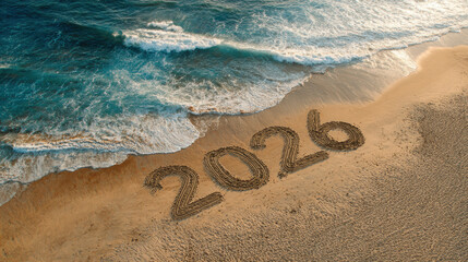 Fototapeta premium Number 2026 written in sand on beautiful beach with ocean waves and sunny sky aerial view