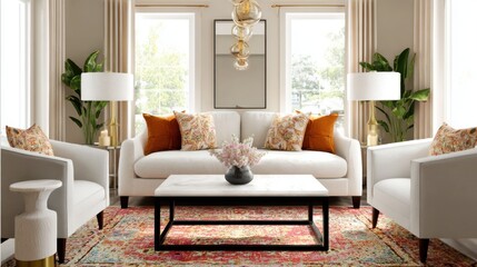 Fototapeta premium scandi contemporary eclectic living room, two sofas, eclectic rug, modern coffee table, warm cinematic glow
