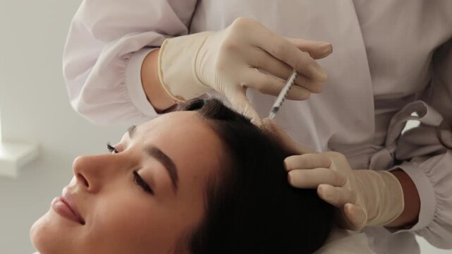 Mesotherapy for hair strengthens follicles and enhances density 4k video. Plasma injection therapy stimulates natural regeneration. Platelet-Rich Plasma revitalizes hair follicles and improves growth.