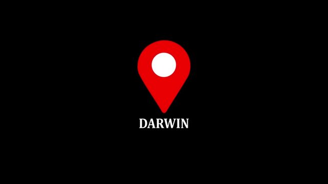 location of the city of Darwin ,the name of the place with the location has been displayed, sign animated with alpha channel 4k video GPS location tracking icon.