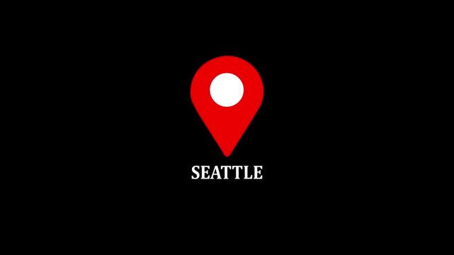 location of the city of Seattle ,the name of the place with the location has been displayed, sign animated with alpha channel 4k video GPS location tracking icon .