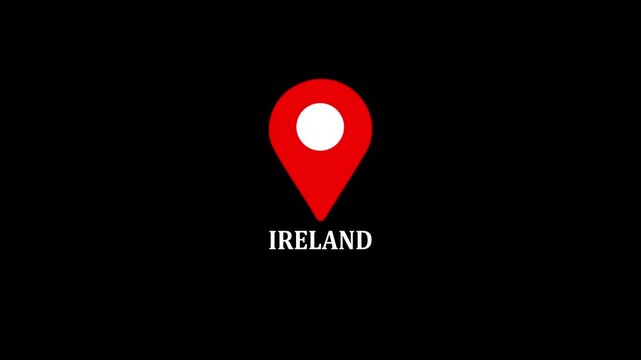 Country Ireland on the map is highlighted by a polygonal border ,the name of the place with the location has been displayed, sign animated with alpha channel 4k video GPS location tracking icon .