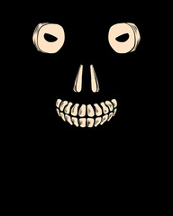 A hand-drawn cream colored spooky skull face on a black background. There is space for text.