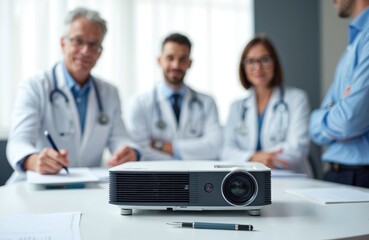 Obraz premium Doctors attend medical seminar with video projector. Team wearing robes at business conference. Healthcare professionals in clinic room study presentation. Medicals share knowledge at office meeting.