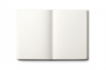Open blank notebook displaying clean white pages for writing, drawing or journaling, transparent background