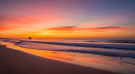 Obraz premium A scenic view of a beach at sunset with orange and pink skies reflecting on the wet sand and ocean water