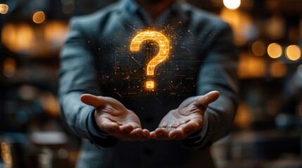 A person in a suit presents a glowing digital question mark, symbolizing curiosity and technology innovation.