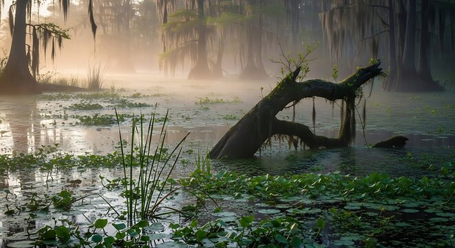 A misty swamp landscape with lily pads and a fallen tree trunk in the foreground at sunrise or sunset