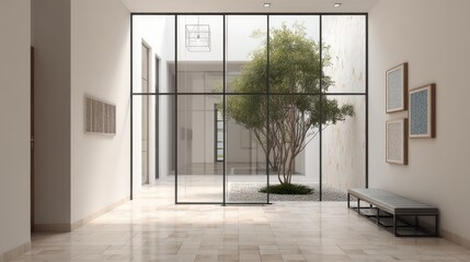 Modern interior design featuring tree and natural light with geometric lines