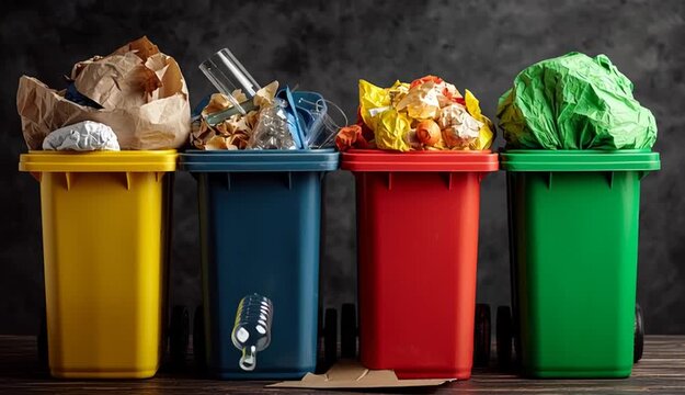 Three colorful recycling bins filled with waste on dark background. Waste separation plastic, paper, glass, food leftovers. Eco-friendly initiative for planet