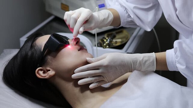 Dermatologist performs precise laser removal of facial nevus and other benign lesions 4k video. Laser treatment for nevus and mole removal. Aesthetic laser removal of nevi and benign growths.