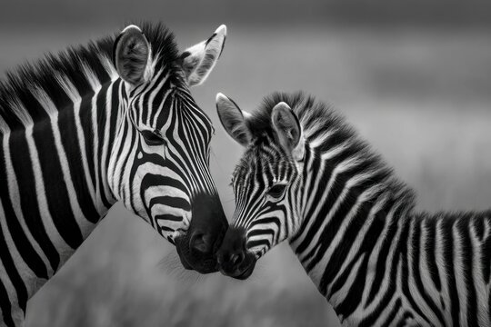 Close-up of a mother zebra and her foal nuzzling in a serene grassland, showcasing their bond in nature