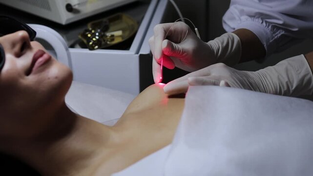 Laser therapy eliminates nevi, papillomas, and other cutaneous lesions 4k video. Laser excision of benign neoplasms on the body. Laser removal of nevi and fibromas close-up.