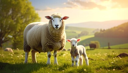 Obraz premium A sheep and her lamb stand in a sunlit green pasture with rolling hills in the background. The scene evokes peace