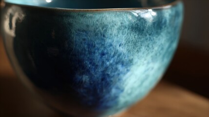 Close up of handcrafted ceramic bowl with smooth blue glaze