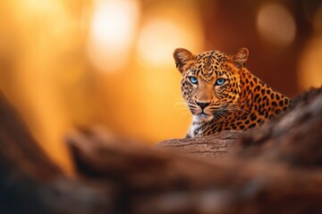 A majestic leopard resting on a log, surrounded by a warm, golden-hued forest backdrop