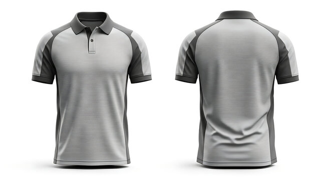 Front and back view of a striped gray polo shirt