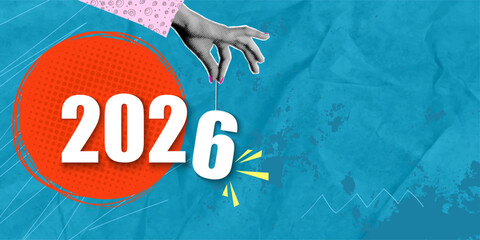 A trendy New Year's halftone collage. A woman's hand inserts the number 6 into the number 2026. Concept for a holiday or New Year's party.