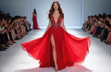 Female model walks runway in long red elegant dress. Gown features high slit, embellished bodice, flowing skirt. Audience views fashion show, captures moments. Glamorous woman presents designer