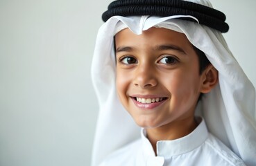 Smiling Arab boy portrait in studio. The kid wears traditional white headscarf ghutra and clothes. Child smiles widely with perfect teeth. Portrait of happy young person with a friendly look.