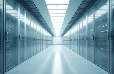 Futuristic data center corridor. Glowing server racks visible behind glass doors. Modern tech infrastructure room bright ambient lighting. Clean professional setup for computer networks, showing vast