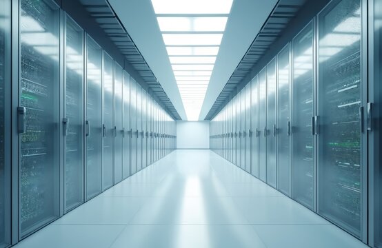 Futuristic data center corridor. Glowing server racks visible behind glass doors. Modern tech infrastructure room bright ambient lighting. Clean professional setup for computer networks, showing vast