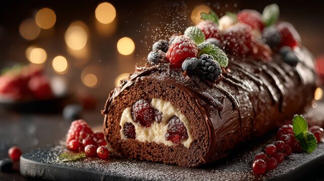 Chocolate yule log dessert, French Christmas yule log cake Buche de Noel, decorated with chocolate, berries, powdered sugar, elegant presentation, soft ligh