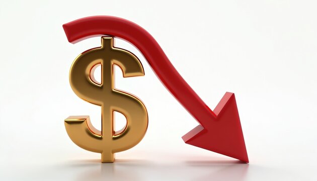 Golden dollar symbol with red arrow pointing down. This visualizes economic downturn. Concept of financial crisis. Stock market decline. Bear market depiction. Losses. Business problem, bankruptcy.