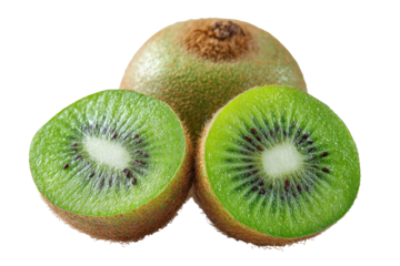 Fresh kiwi fruit, whole and halved, vibrant green flesh,  pale brown skin
