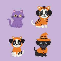 Obraz premium Cute purple cat and dogs in tiger and witch costumes vector illustration for Halloween celebration 