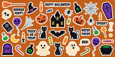 Halloween sticker set: spooky elements, pumpkins, ghosts, black cats, bats, potions, haunted house. For scrapbooking, decoration, crafts, printable, party design. Flat vector collection. Hand drawn.