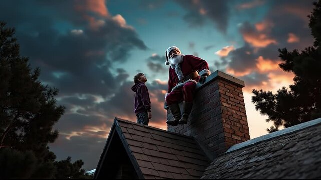 A man and a boy sitting on top of a chimney with Santa Claus