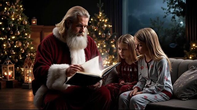 A man and two girls sitting on a couch reading a book to Santa Claus