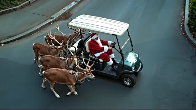A man in a santa claus outfit riding a golf cart with reindeers on the back