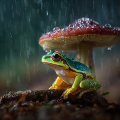 Naklejka premium A colorful frog sheltering from the rain under a mushroom