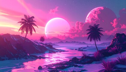 A serene landscape bathed in vibrant hues. The setting features two celestial bodies, palm trees, and a reflective body of water. Mountains are also depicted