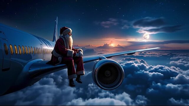 A santa claus sitting on the wing of an airplane in the clouds