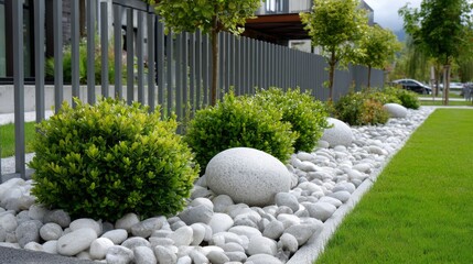 Modern garden design featuring decorative stones and lush greenery in a residential area