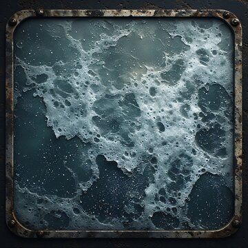 A square, metallic framed window reveals a turbulent, foamy ocean surface.