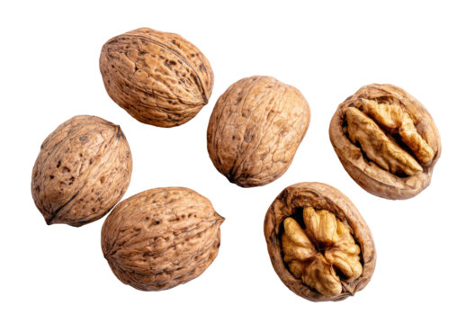 Overhead view of several walnuts, some whole, some halved, displaying a light brown, rough outer shell and a pale tan inner nut